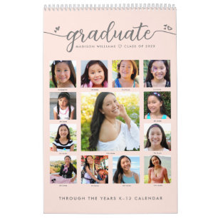 Pink Graduation K–12 Script Photo Collage 15 Month Calendar