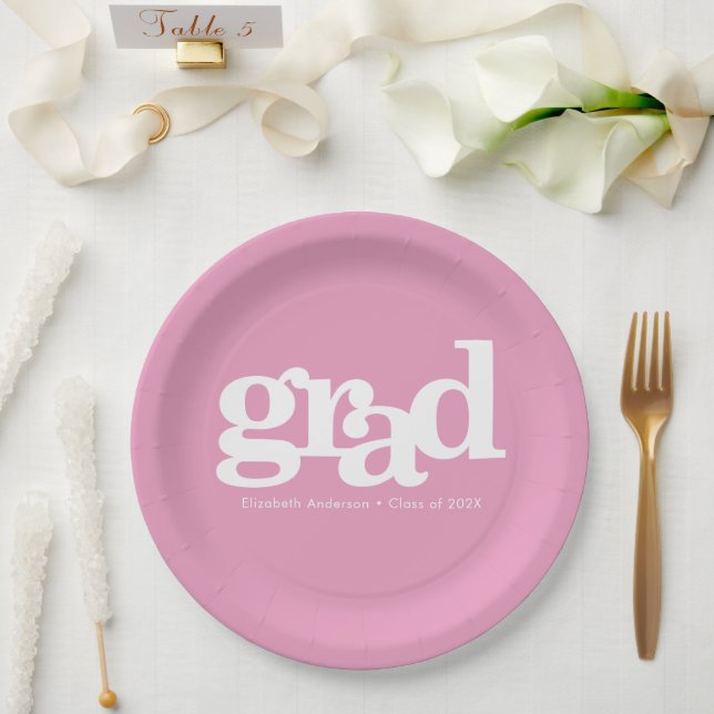 Pink graduation modern bold simple typography name paper plate (Wedding)