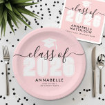 Pink Graduation Party Paper Plate<br><div class="desc">Class of 2026 Blush Pink Elegant Graduation Paper Plate. Celebrate this milestone with a stylish and personalised graduation paper plate, perfect for serving food at a graduation party. Featuring "Class of 2026" (or any year) in bold white, along with a matching white graduation cap icon on a soft blush pink...</div>