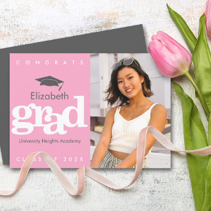 Pink graduation photo grey cap bold modern type announcement