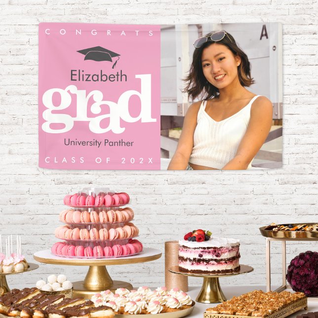 Pink graduation photo grey cap simple bold modern banner (Creator Uploaded)