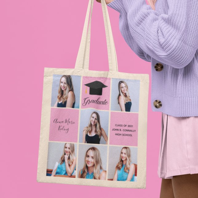 Pink Graduation Senior Portrait Photo Collage Gift Tote Bag (Creator Uploaded)