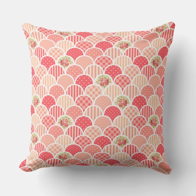 Pink grandmillenial floral scalloped waves cushion (Front)