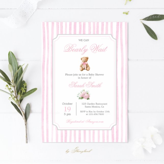 Pink Grandmillennial Teddy Bear Baby Shower Girl Invitation (Creator Uploaded)