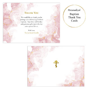 Pink Granite and Gold Clouds Orthodox Baptism Thank You Card