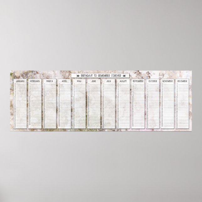 Pink Granite Perpetual Birthday Calendar Poster (Front)