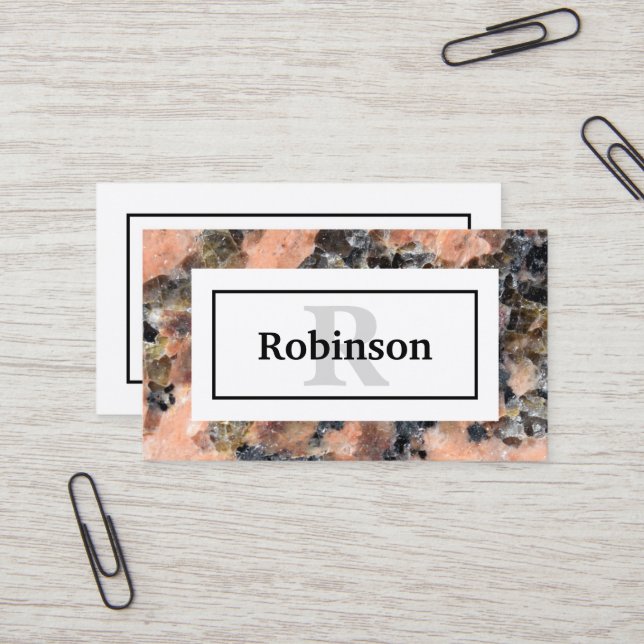 Pink Granite Rock Texture with Name and Monogram Business Card (Front/Back In Situ)