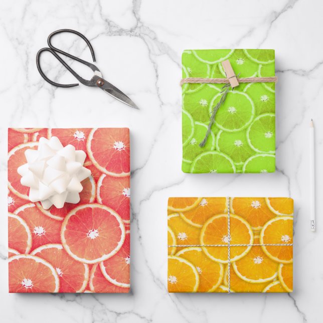 Pink Grapefruit  Orange and Lime Slices  Wrapping Paper Sheet (Front)