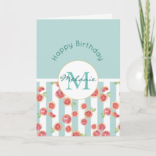 Pink Grapefruit Pattern on Green Stripes Birthday Card (Front)
