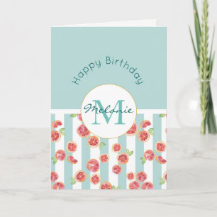 Pink Grapefruit Pattern on Green Stripes Birthday Card