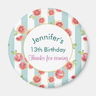 Pink Grapefruit Pattern on Green Stripes Birthday Magnet