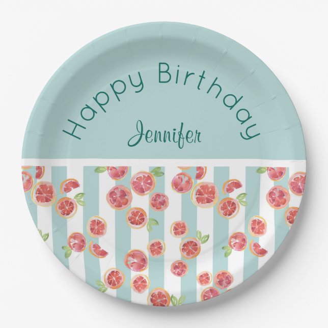 Pink Grapefruit Pattern on Green Stripes Birthday Paper Plate (Front)