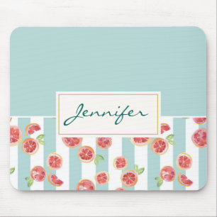 Pink Grapefruit Pattern on Green Stripes Mouse Pad