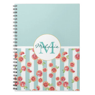 Pink Grapefruit Pattern on Green Stripes Notebook
