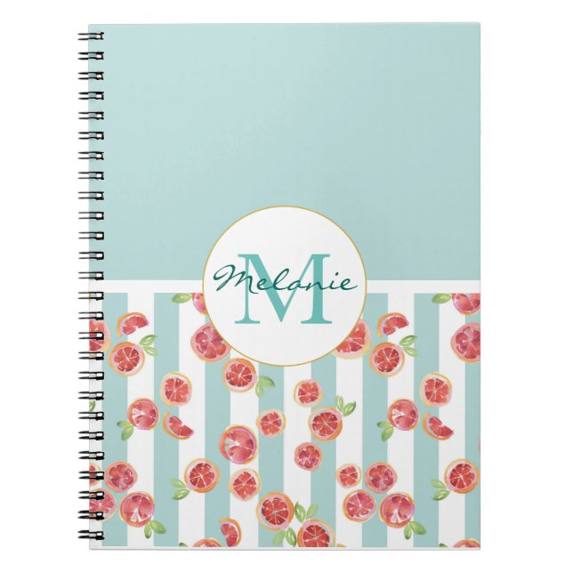Pink Grapefruit Pattern on Green Stripes Notebook (Front)