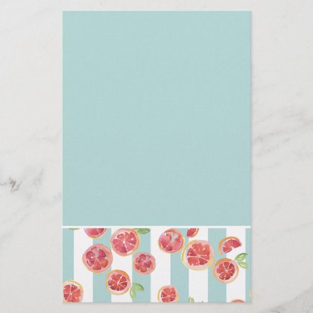 Pink Grapefruit Pattern on Green Stripes Stationery (Front)
