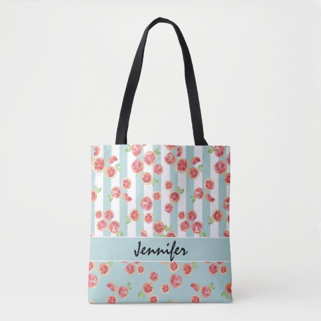 Pink Grapefruit Pattern on Stripes Tote Bag (Front)