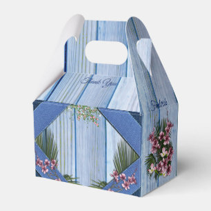 Pink Graphic Flowers on Blue-wood-fabric Texture Favour Box