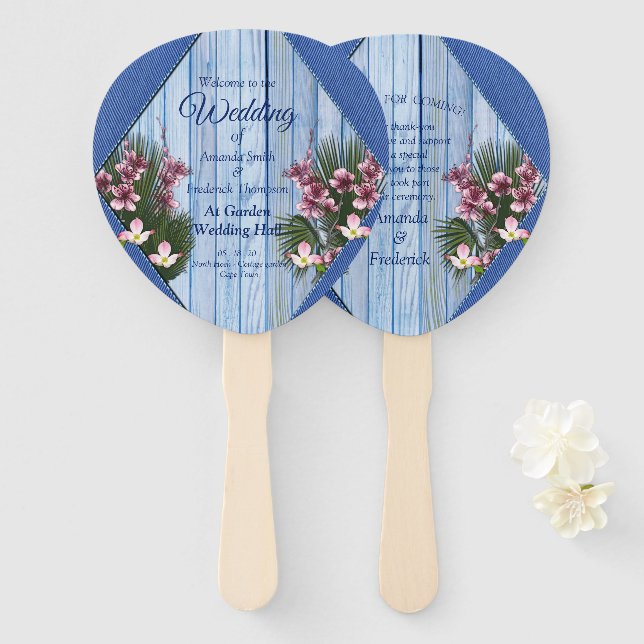 Pink Graphic Flowers on Blue-wood-fabric Texture Hand Fan (Front and Back)