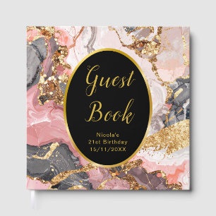 Pink, Gray and Gold Marble Agate Birthday Party Guest Book