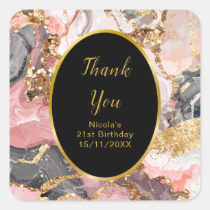 Pink, Gray and Gold Marble Agate Birthday Party Square Sticker