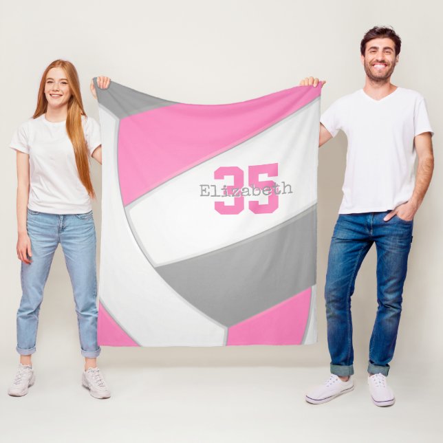 pink gray and white girls volleyball personalized fleece blanket (In Situ)