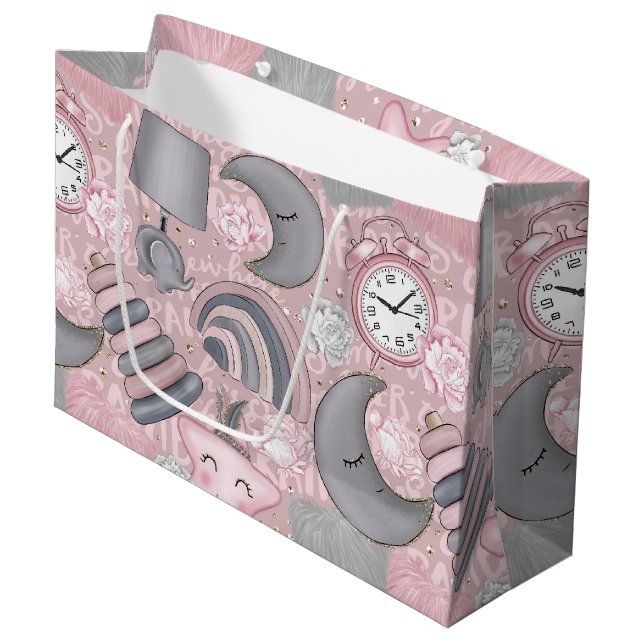 PINK & GRAY BABY GIRL TOYS MOONS STARS LARGE GIFT BAG (Front Angled)