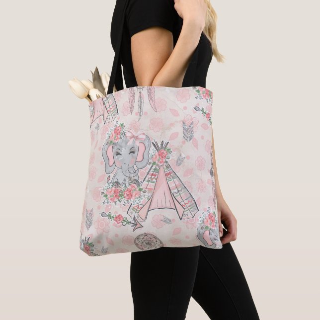 PINK & GRAY BOHO BABY ELEPHANT & DREAMCATCHER TOTE BAG (Close Up)