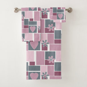 Pink gray brown patchwork of square patches bath towel set