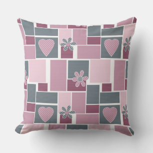 Pink gray brown patchwork of square patches cushion