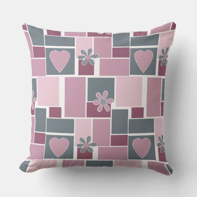 Pink gray brown patchwork of square patches  cushion (Front)
