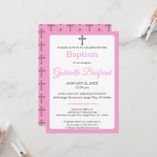 Pink & Gray Cross Watercolor Baptism Invitation