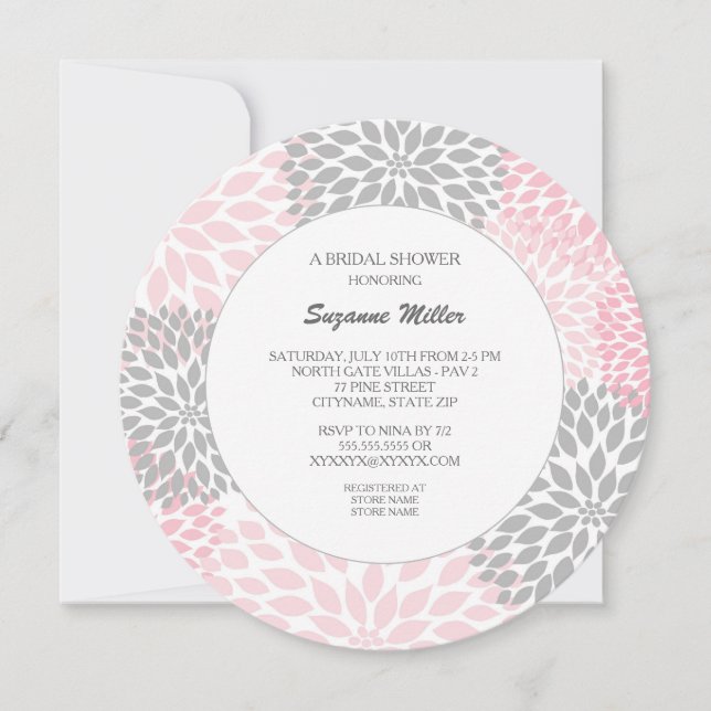 Pink Gray Dahlia Round BRIDAL SHOWER INVITE (Front)