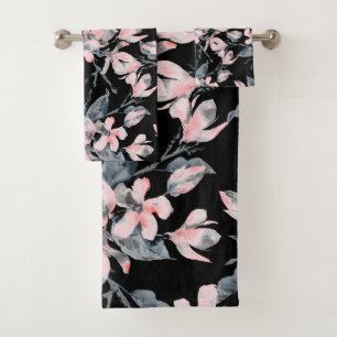 Pink & Gray Floral Watercolor Pattern Bath Towel Set