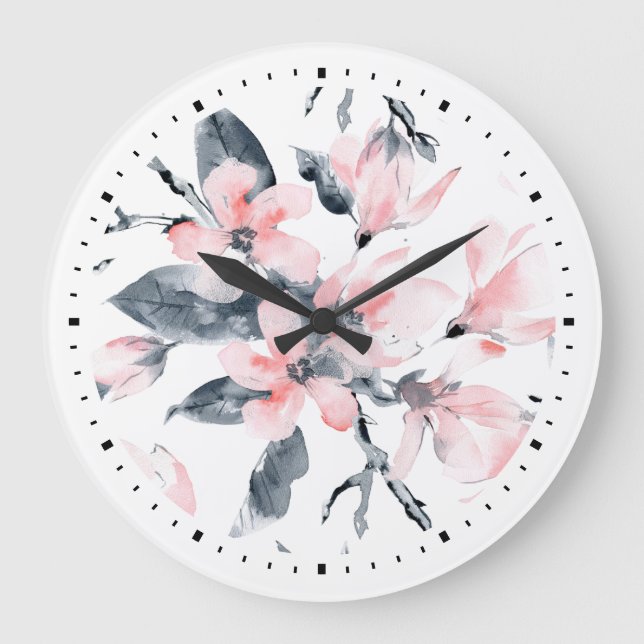 Pink & Gray Floral Watercolor Pattern Large Clock (Front)