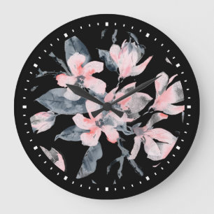 Pink & Gray Floral Watercolor Pattern Large Clock