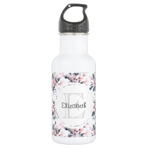 Pink & Gray Floral Watercolor Pattern Monogram 532 Ml Water Bottle