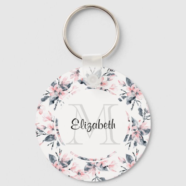 Pink & Gray Floral Watercolor Pattern Monogram Key Ring (Front)