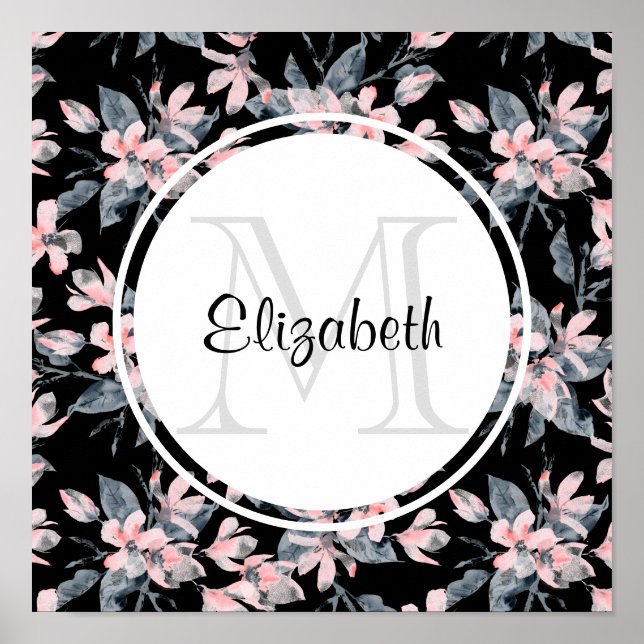 Pink & Gray Floral Watercolor Pattern Monogram Poster (Front)