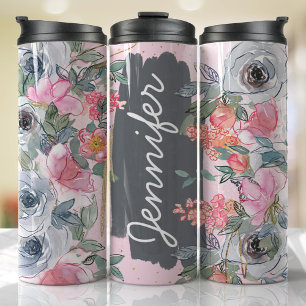 Pink Gray Flowers Add Name Custom Gift Thermal Tumbler