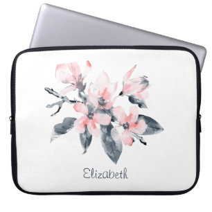 Pink & Gray Flowers Classy Watercolor Laptop Sleeve