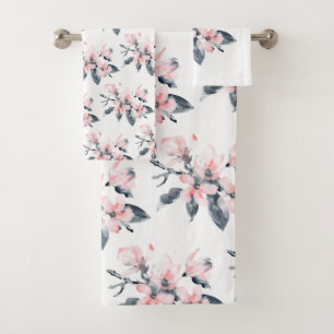 Pink & Gray Flowers Classy Watercolor Pattern Bath Towel Set