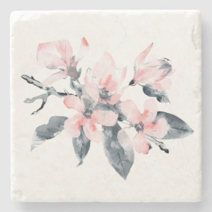 Pink & Gray Flowers Classy Watercolor Stone Coaster