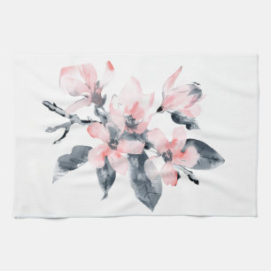 Pink & Gray Flowers Classy Watercolor Tea Towel