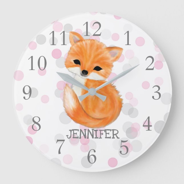 Pink Gray Fox Nursery Decor Wall Clock (Front)