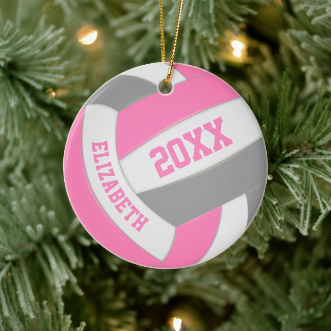 pink gray girls sports keepsake volleyball ceramic ornament (Tree)