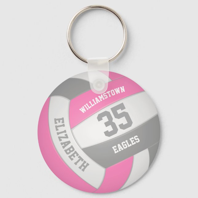 pink gray girly personalized team name volleyball key ring (Front)