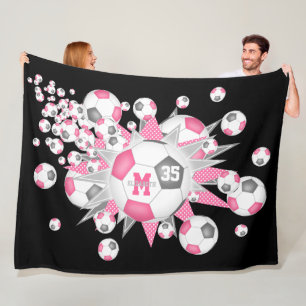 pink gray soccer balls stars girls sports room fleece blanket