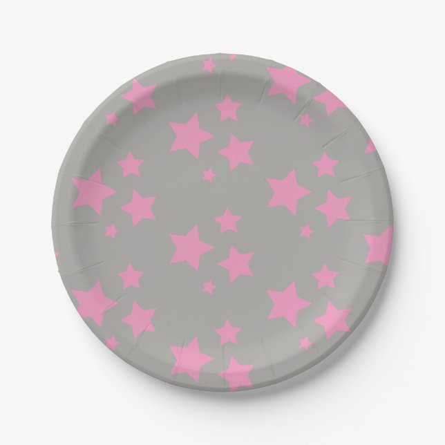 Pink Gray Stars Kids Baby Circus Party Paper Plate (Front)