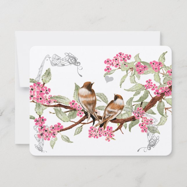 Pink & Gray Vintage Love Birds Wedding RSVP Card (Front)
